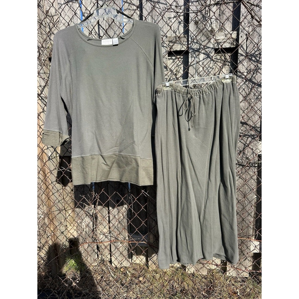 Ellen Tracy Petite 2 Piece Set Olive Green Top‎ & Skirt Casual Lounge Outfit